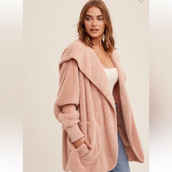 🆕Cardigan Oversized Hoodie Cozy Open With Pockets Mauve Pink OSFM - Picture 2 of 4